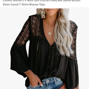Women's Black Lace Crochet V-Neck Top